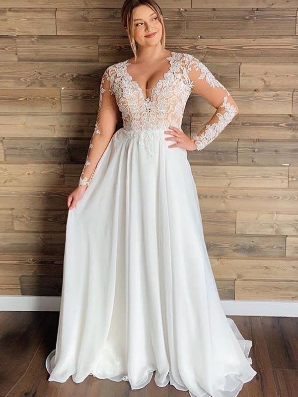 Long Sleeves Lace Chiffon Wedding Dresses, Simple Country Wedding Dres – ClaireBridal
