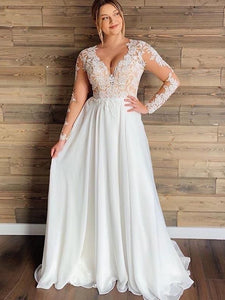 Long Sleeves Lace Chiffon Wedding Dresses, Simple Country Wedding Dresses, Bridal Gown