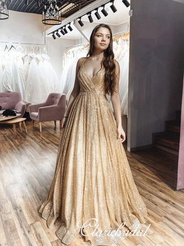 Spaghetti Long A-line Sequin Tulle Prom Dresses, Long Prom Dresses, Popular Prom Dresses