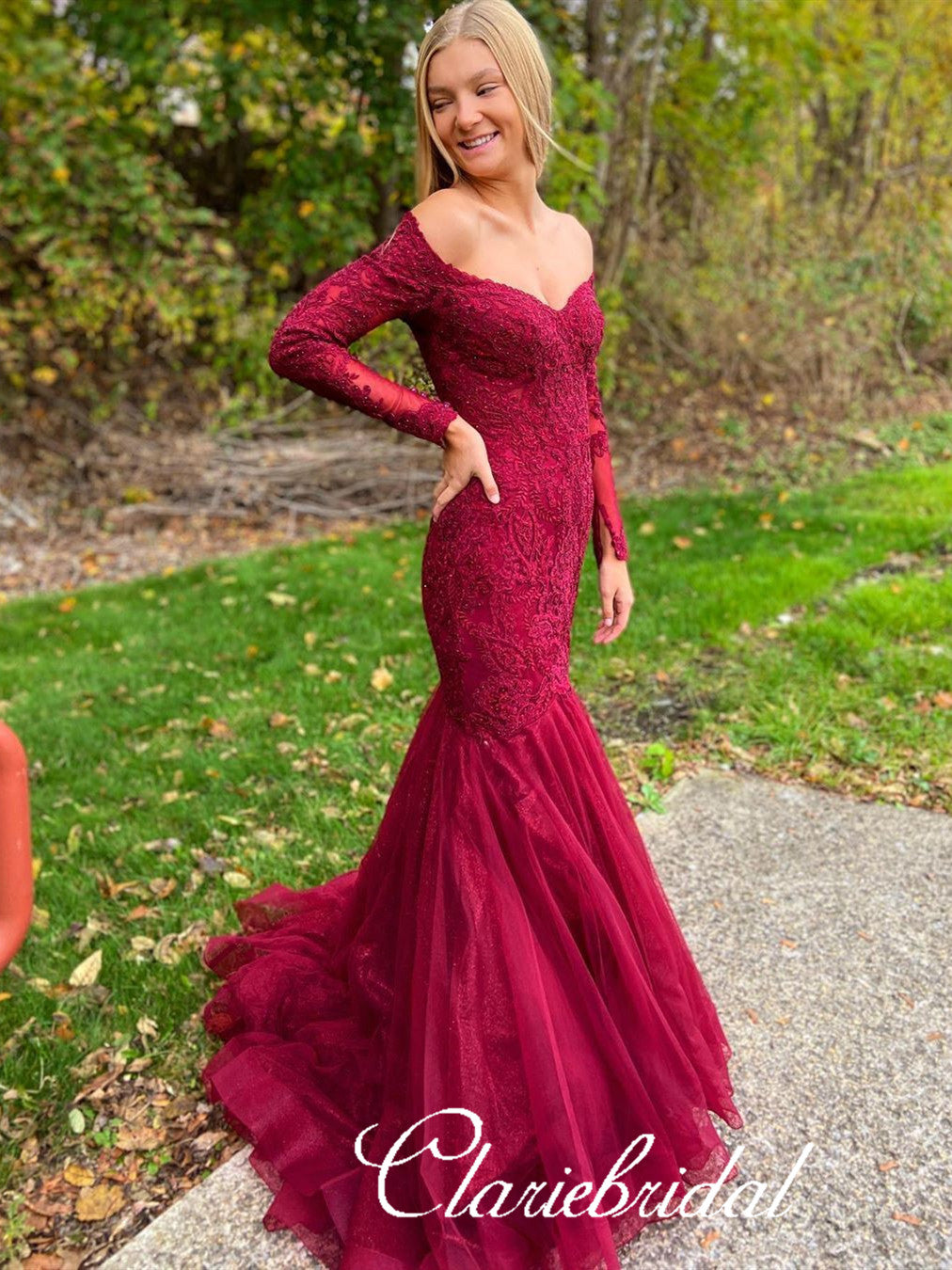 Off Shoulder Long Mermaid Burgundy Lace Tulle Prom Dresses, Beaded Pro β ClaireBridal