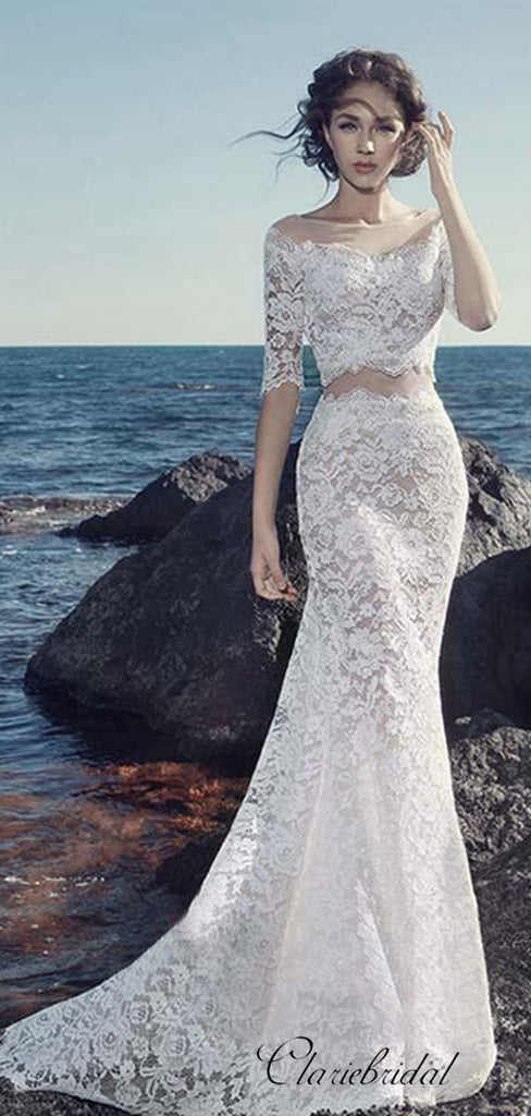 half sleeve mermaid wedding dress Half Sleeve Scoop Mermaid Lace Appliques Sheer Tulle New Wedding Dresses