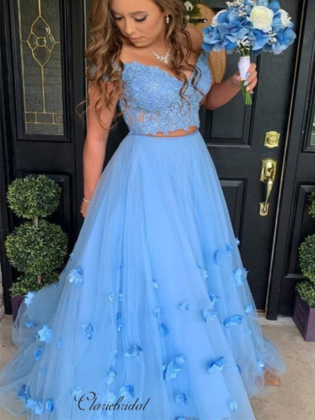 Two Pieces Lace Long Prom Dresses, Newest Appliques Prom Dresses, 2020 Prom Dresses