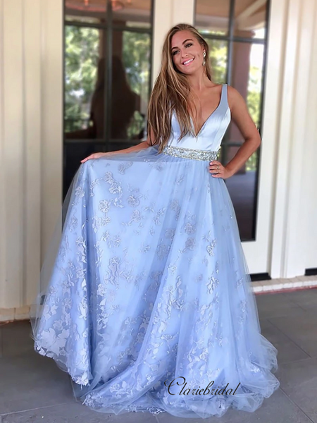 V-neck Lace Newest 2020 Prom Dresses, A-line Elegant Long Prom Dresses