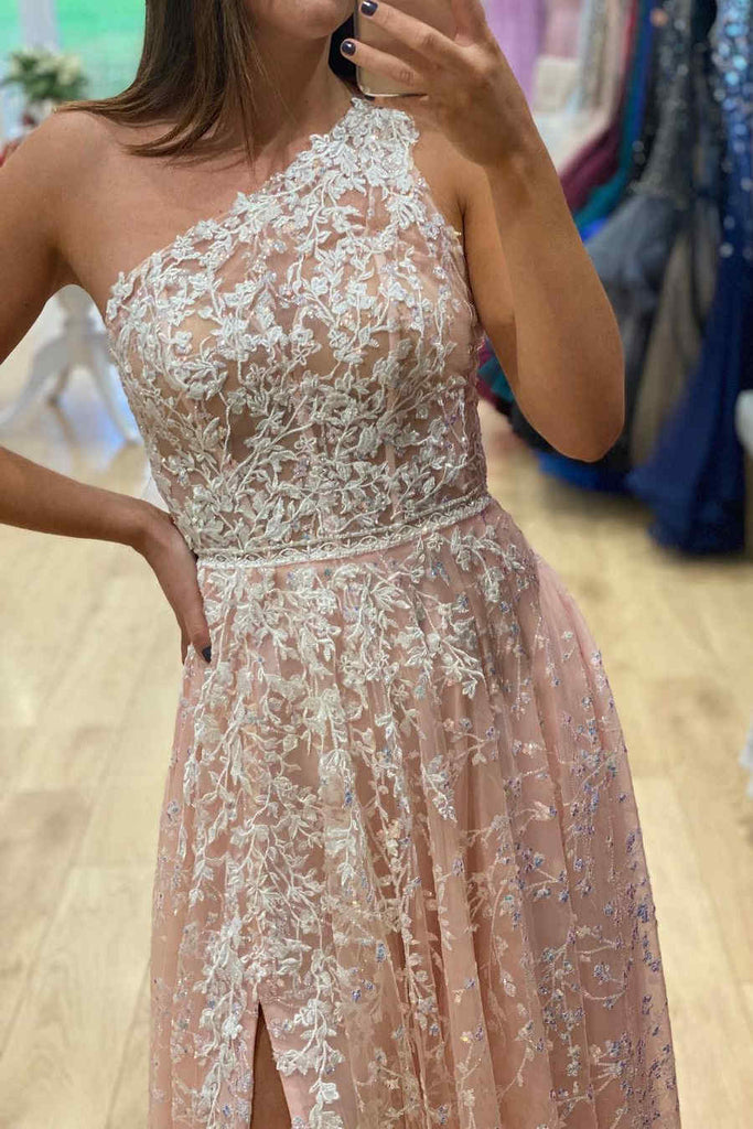 One Shoulder Long A-line Prom Dresses, Lace Prom Dresses, Cheap Prom D   ClaireBridal