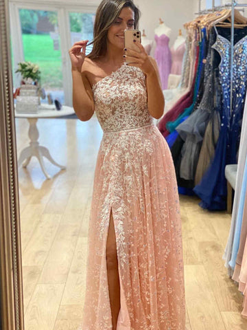 One Shoulder Long A-line Prom Dresses, Lace Prom Dresses, Cheap Prom Dresses, 2021 Prom Dresses