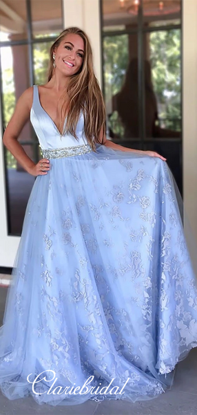 V-neck Lace Newest 2020 Prom Dresses, A-line Elegant Long Prom Dresses