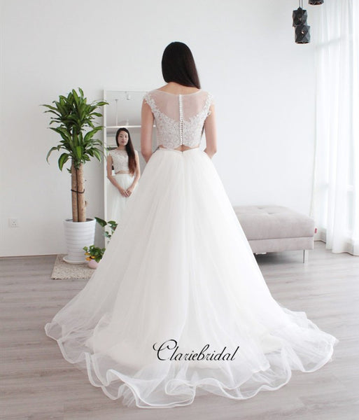 Cap Sleeves Two Pieces Lace Wedding Dresses, A-line Tulle Wedding Dresses