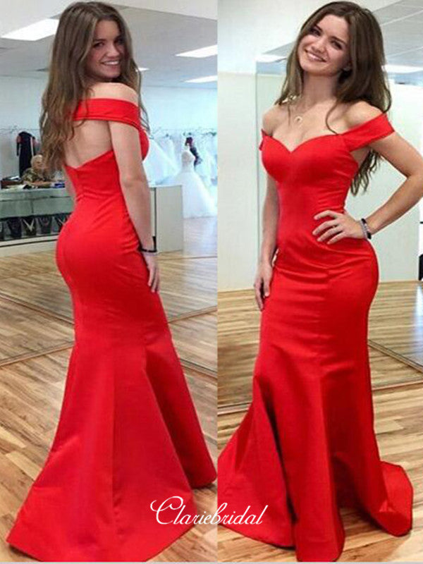 Off the Shoulder Red Color Long Prom Dresses, Mermaid Fashion Prom Dresses
