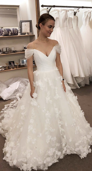 Off The Shoulder A-line Wedding Dresses, Elegant Appliques Wedding Dresses