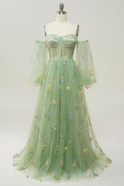 Corset Green Floral A-line Prom Dresses With Detachable Sleeves, Popular 2023 Prom Dresses, Beachy Prom Dresses