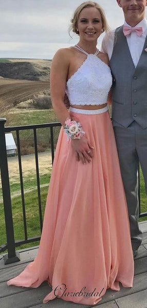 A-line Two Pieces Prom Dresses, Newest Popular Prom Dresses Long