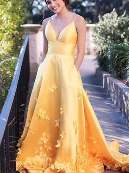Spaghetti Straps Satin Long Prom Dresses, A-line Appliques 2020 Long Prom Dresses