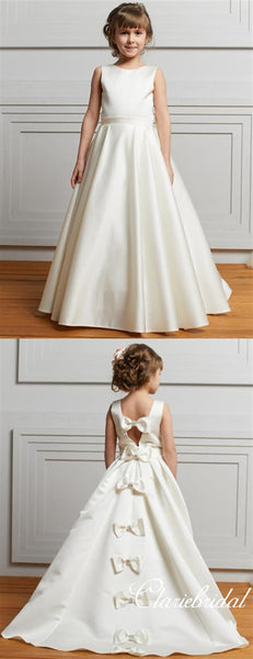 Lovely Ivory Satin A-line Flower Girl Dresses With Knot Bows