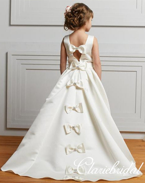 Lovely Ivory Satin A-line Flower Girl Dresses With Knot Bows