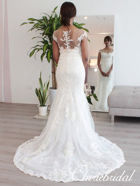 Cap Sleeves iIlusion Lace Mermaid Tulle Wedding Dresses, Bridal Gown