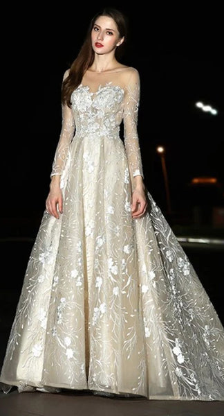Fantastic Long Sleeves 2020 Bridal Gowns, Elegant Lace Long Wedding Dresses