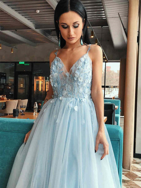 Pale Blue Lace Tulle Prom Dresses, A-line Prom Dresses, 2021 Prom Dresses, Cheap Prom Dresses