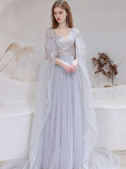 V-neck Light Grey Shiny Sequin Beaded Prom Dresses, Newest Prom Dresses, 2021 Prom Dresses