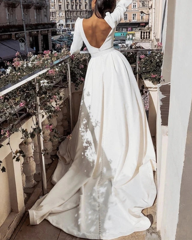 Round Neck Long Sleeves Jersey Wedding Dresses, Simple Elegant Wedding –  ClaireBridal