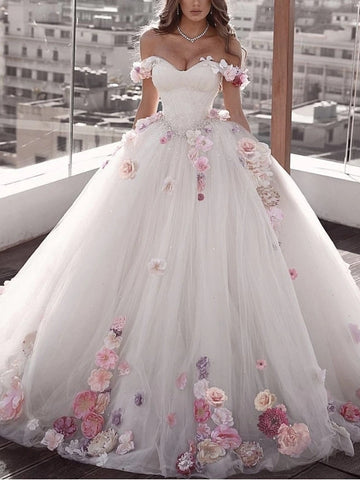 Off Shoulder Long Ball Gown Wedding Dresses, Beaded 3D Flowers Wedding Dresses, Long Wedding Gown