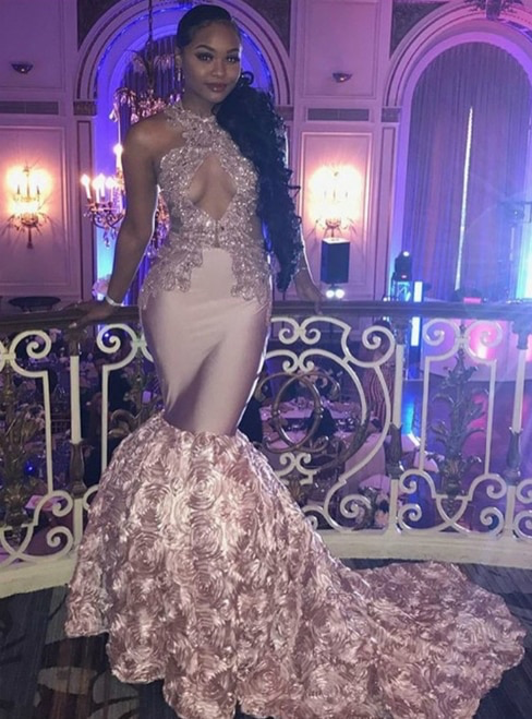 Long Mermaid 3D Satin Flower Prom Dresses, Lace Beaded Prom Dresses, Long Prom Dresses