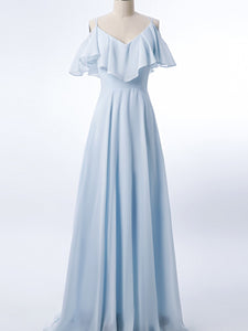 V-neck Off Shoulder Light Blue Bridesmaid Dresses, Chiffon A-line Bridesmaid Dresses, Long Bridesmaid Dresses