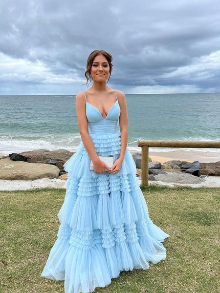 Baby Blue Ruffles Tulle Prom Dresses, A-line Prom Dresses, 2023 Prom Dresses, Affordable Formal Dresses, Evening Dresses