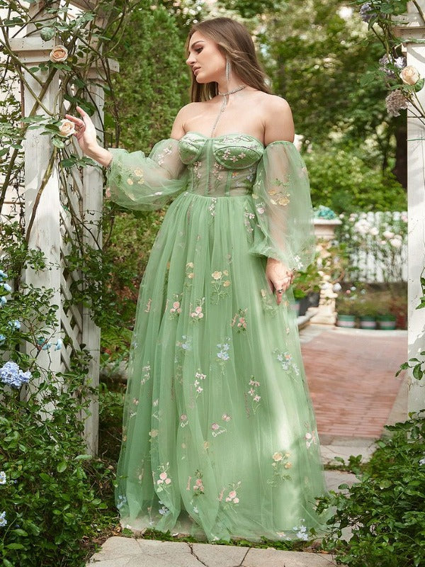 Corset Green Floral A-line Prom Dresses With Detachable Sleeves, Popular 2023 Prom Dresses, Beachy Prom Dresses