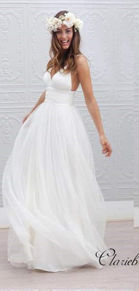 Simple Design Long Wedding Party Dresses, V-neck Tulle Wedding Dresses