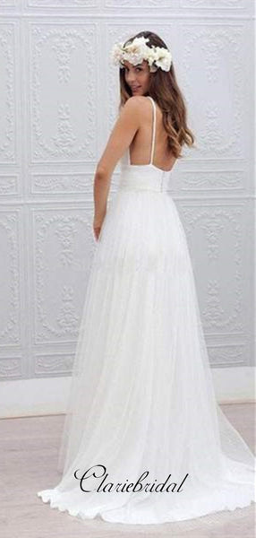 Simple Design Long Wedding Party Dresses, V-neck Tulle Wedding Dresses