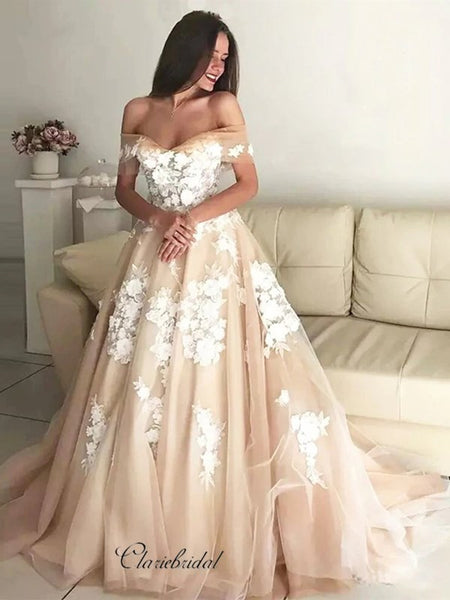 Champagne Off Shoulder Prom Dresses, A-line Lace Long Prom Dresses, 2020 Prom Dresses