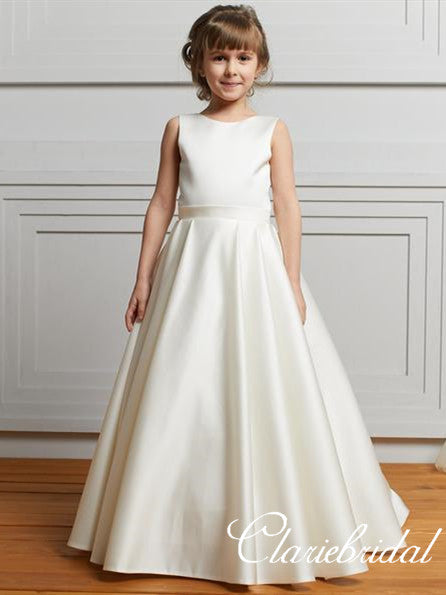 Lovely Ivory Satin A-line Flower Girl Dresses With Knot Bows Lovely Ivory Satin A-line Flower Girl Dresses With Knot Bows
