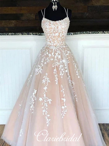 Lovely Lace Tulle Prom Dresses, Champagne Long Prom Dresses, Lace Prom Dresses, 2020 Prom Dresses