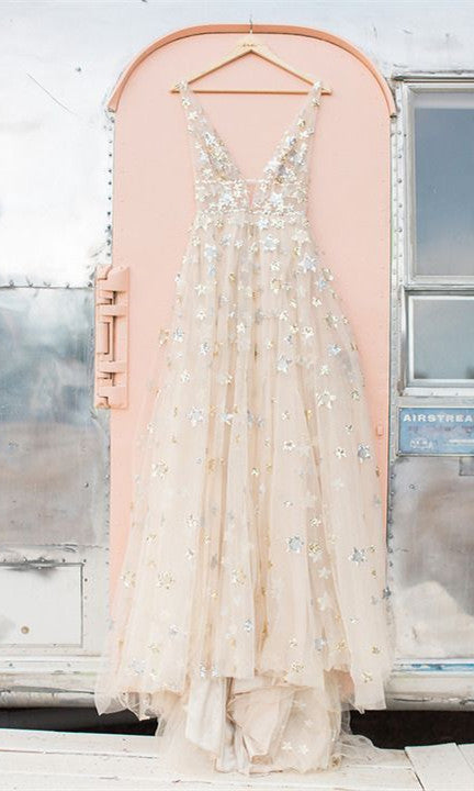 Deep V-neck Star Sequin Prom Dresses, Wedding Dresses, Newest Prom Dre   ClaireBridal