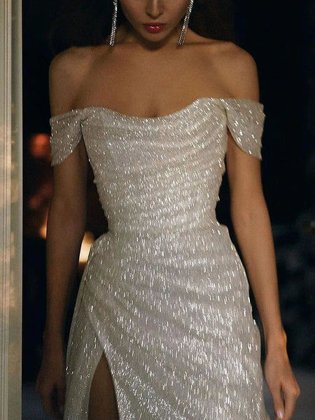 Off Shoulder Ivory Sequin Tulle Shiny Wedding Dresses, Sheath Wedding Dresses, Popular Wedding Dresses, Bridal Gown