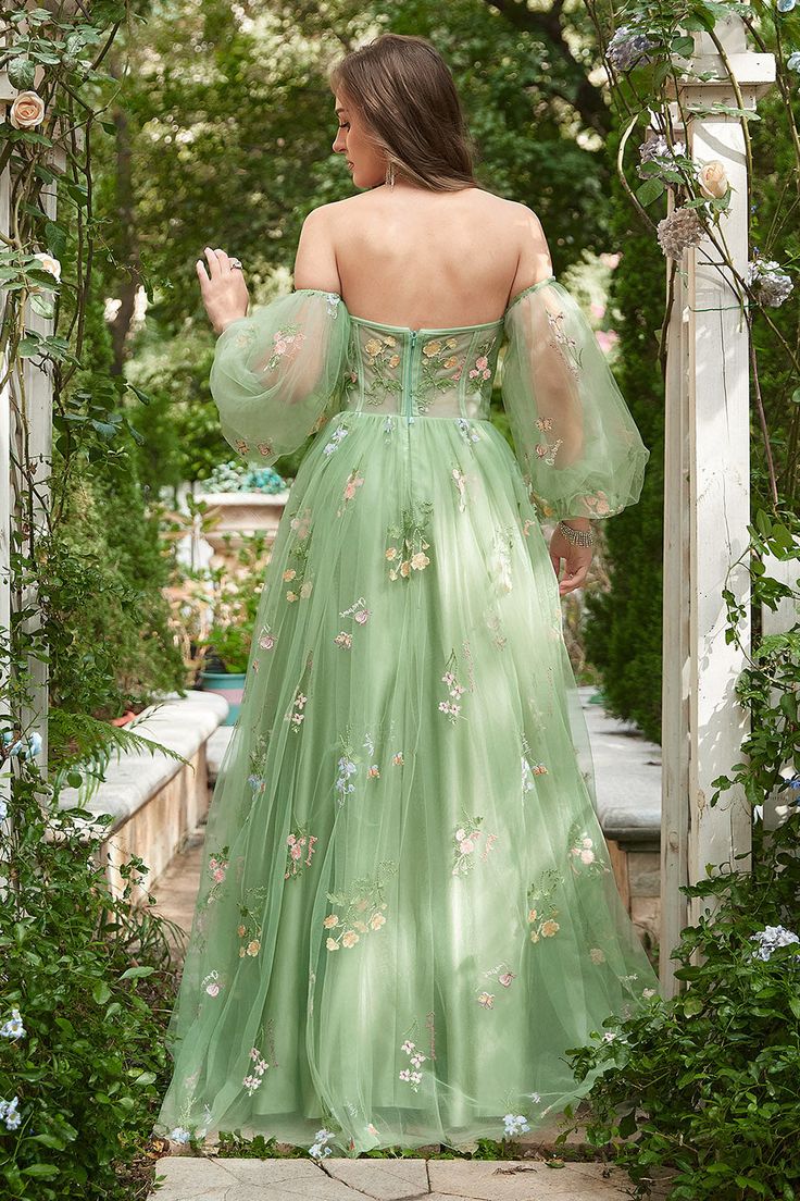 Corset Green Floral A-line Prom Dresses With Detachable Sleeves, Popul ClaireBridal Corset Green Floral A-line Prom Dresses With Detachable Sleeves, Popul ClaireBridal