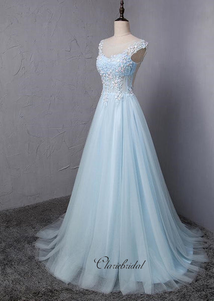 Sky Blue Lace Prom Dresses, Elegant Appliques Prom Dresses, Newest Prom Dresses Long