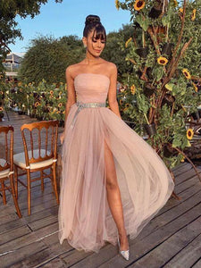 Simple Tulle Prom Dresses Long, Strapless Prom Dresses, Side Slit Prom Dresses