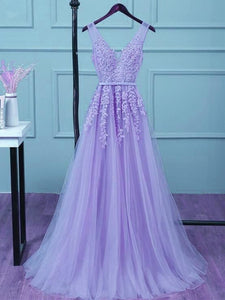 A-line Lace Prom Dresses, V-neck 2020 Prom Dresses, Popular Long Prom Dresses