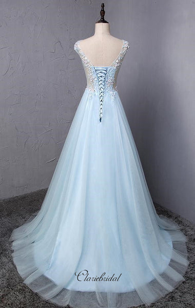 Sky Blue Lace Prom Dresses, Elegant Appliques Prom Dresses, Newest Prom Dresses Long