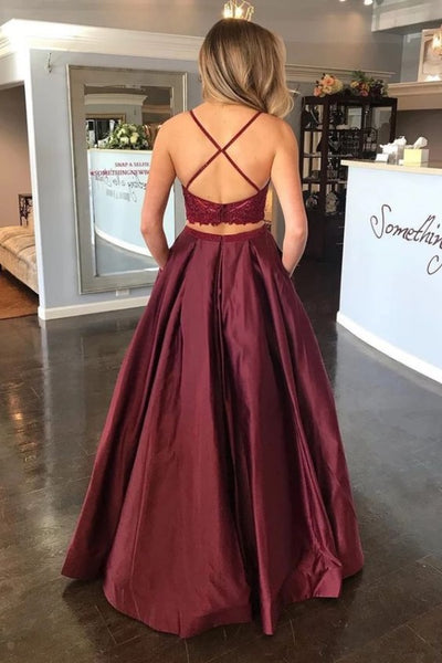 Two Pieces Burgundy Long Prom Dresses, A-line Prom Dresses, 2020 Prom Dresses