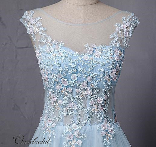 Sky Blue Lace Prom Dresses, Elegant Appliques Prom Dresses, Newest Prom Dresses Long