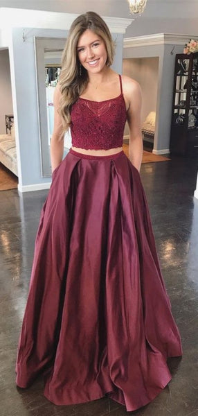 Two Pieces Burgundy Long Prom Dresses, A-line Prom Dresses, 2020 Prom Dresses