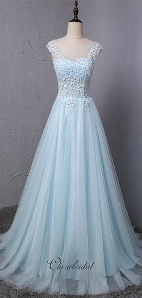 Sky Blue Lace Prom Dresses, Elegant Appliques Prom Dresses, Newest Prom Dresses Long