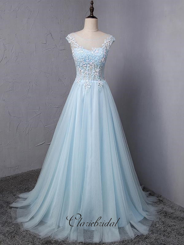 Sky Blue Lace Prom Dresses, Elegant Appliques Prom Dresses, Newest Prom Dresses Long