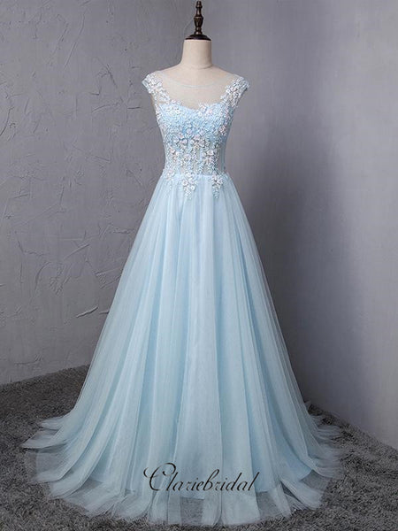 Sky Blue Lace Prom Dresses, Elegant Appliques Prom Dresses, Newest Prom Dresses Long