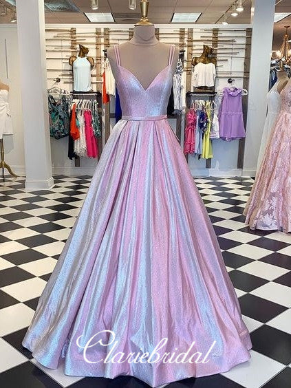 Straps Long A-line Elastic Tafetta Long Prom Dresses, V-neck Pink Prom Dresses, Newest Prom Dresses