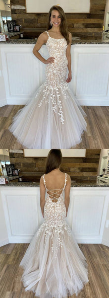 Staps Lace Tulle Prom Dresses, Lovely Ivory Prom Dresses, Lace Up Prom Dresses