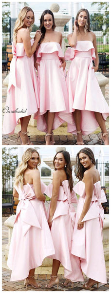 High Low Strapless Bridesmaid Dresses, Elegant Pink Bridesmaid Dresses