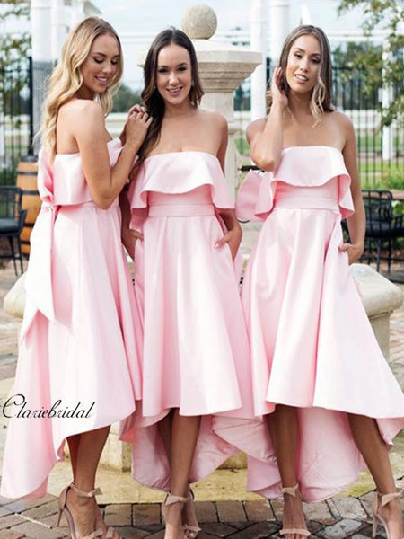 High Low Strapless Bridesmaid Dresses, Elegant Pink Bridesmaid Dresses